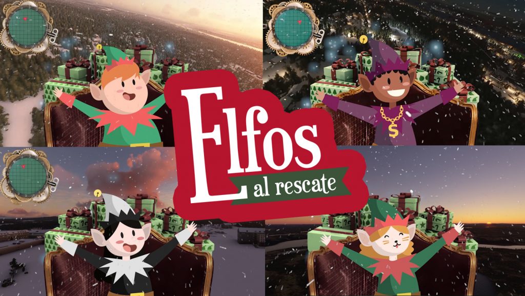 Portada de Elfos al rescate, juego de escape online, con cuatro ilustraciones de elfos